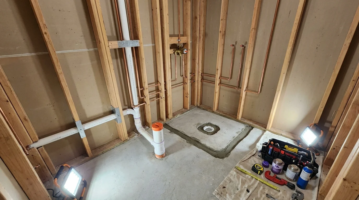 Bathroom rough-in plumbing during remodel by Johns Plumbing LLC in White Castle