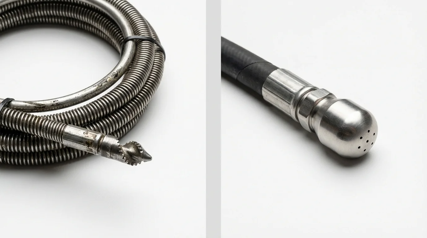 Drain snake cable and hydro jetting nozzle used for drain cleaning in White Castle, LA