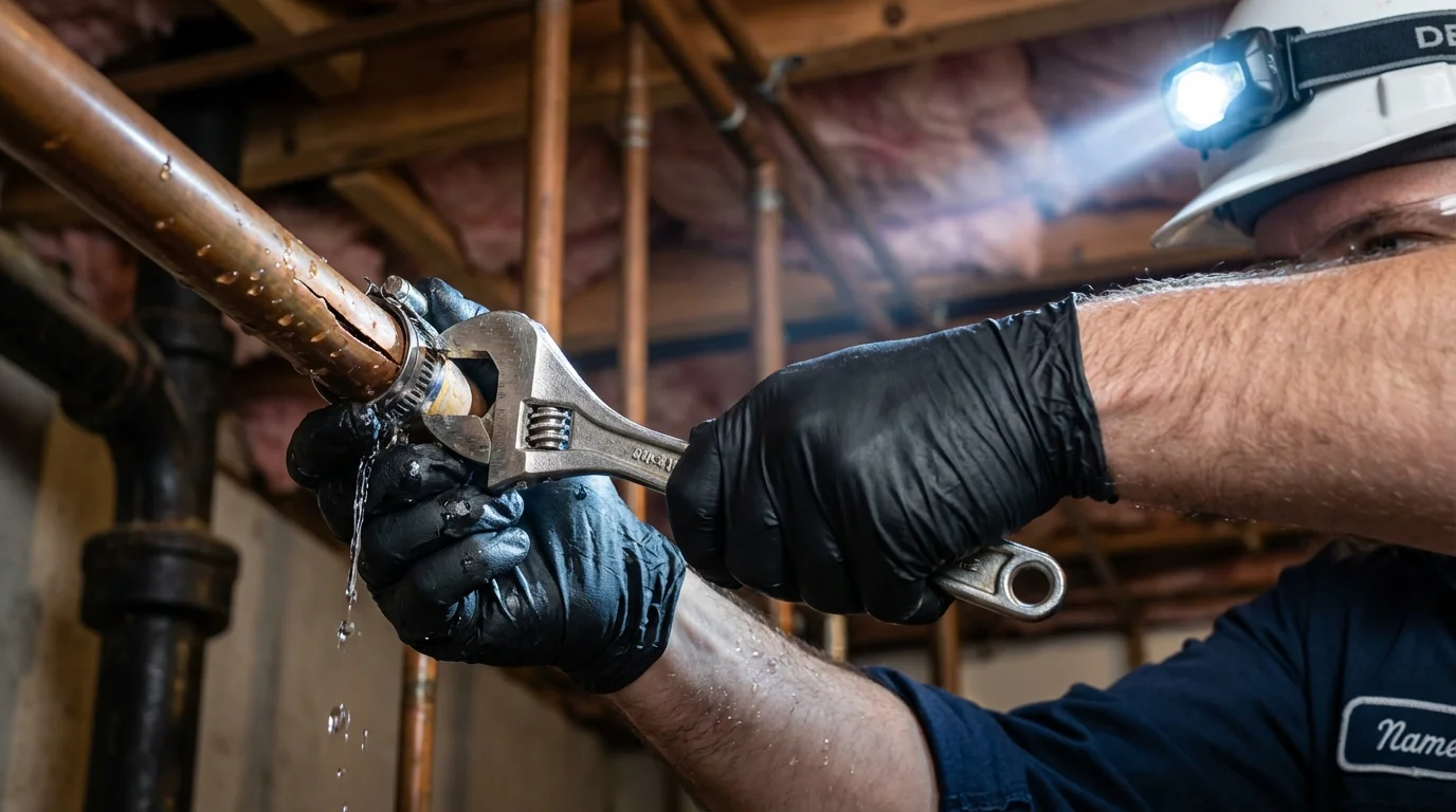 Emergency pipe clamp repair being performed by a Johns Plumbing LLC plumber in White Castle