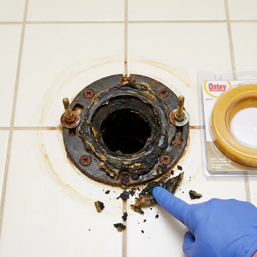 Failed wax ring showing water seepage at the base of a toilet in a White Castle, LA home
