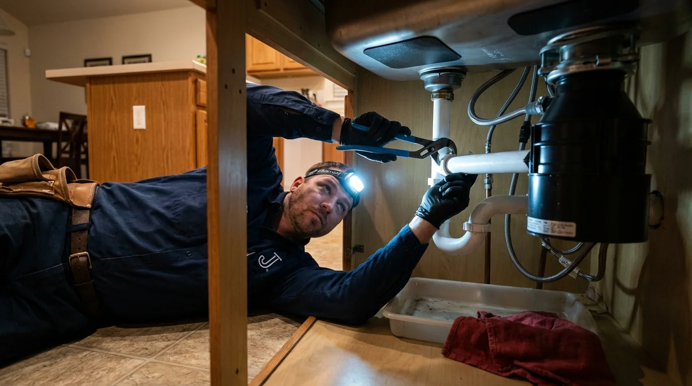 P-trap and supply line connections under a kitchen sink showing a common leak point in White Castle, LA